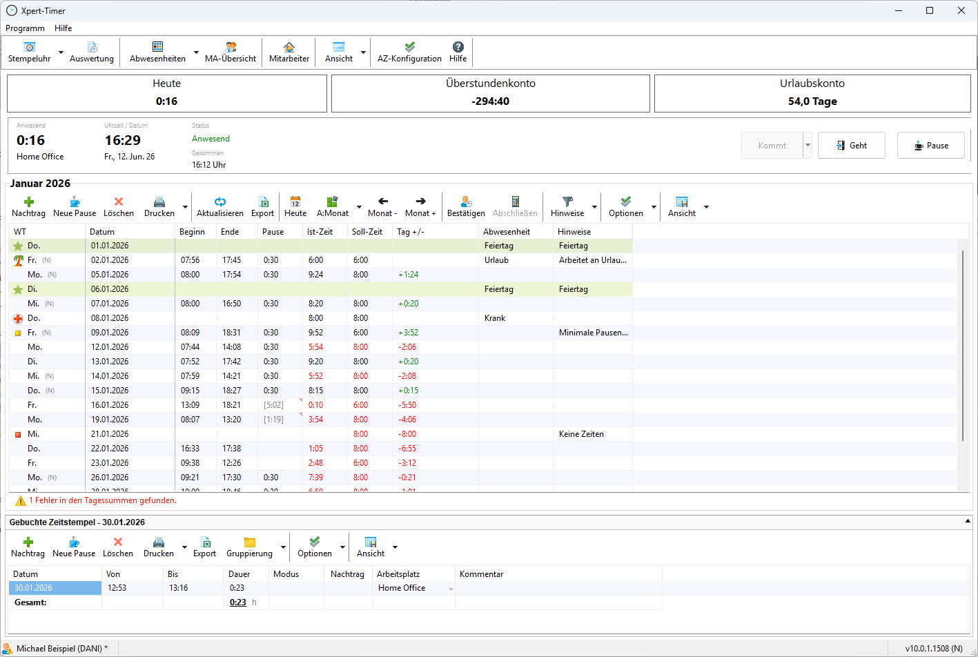Xpert-Timer Works – Monthly overview with clock-in/out times, overtime account and holiday account